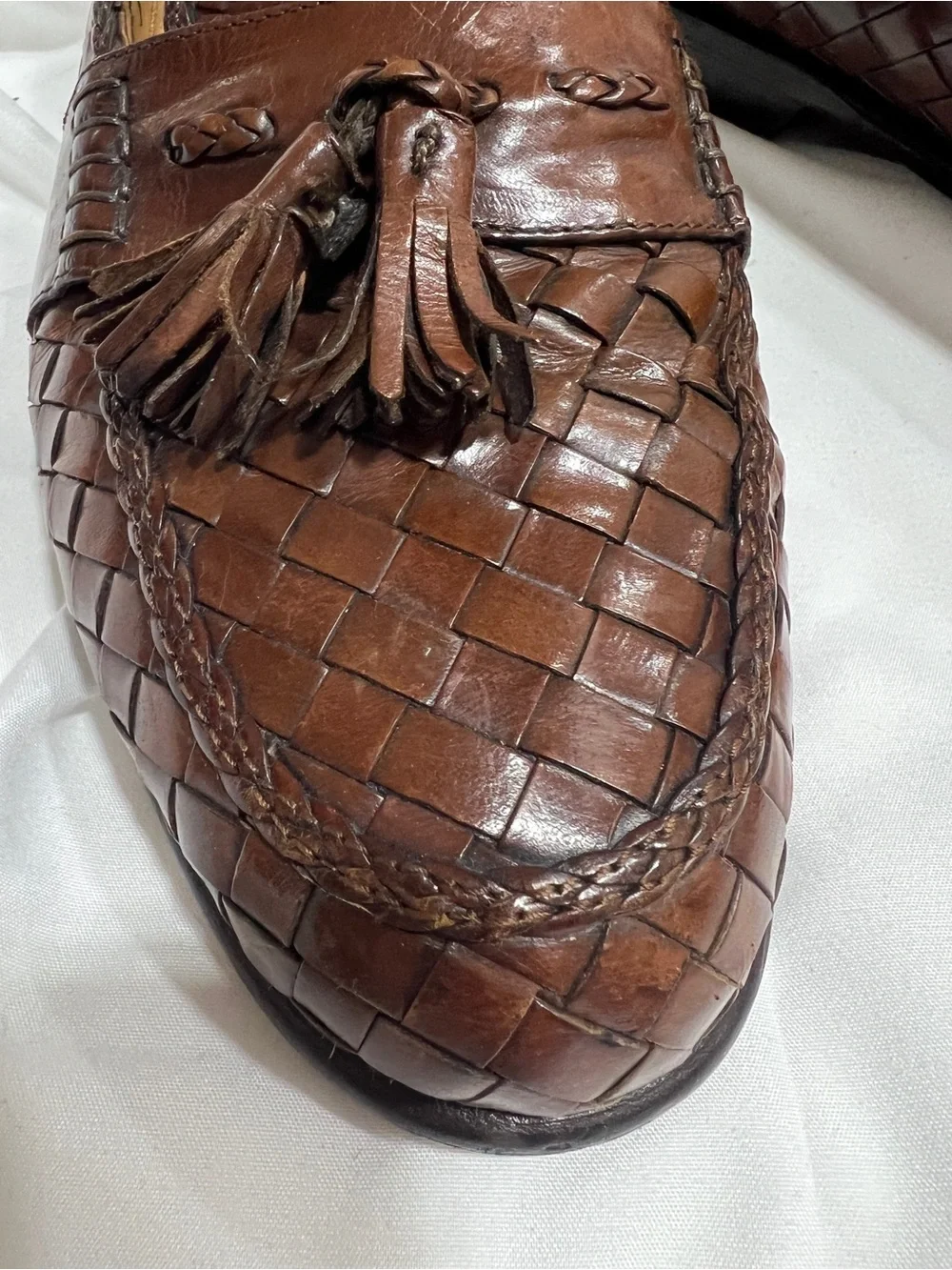 Men's Brown Woven Leather Tassel Loafers Zelli 11.5